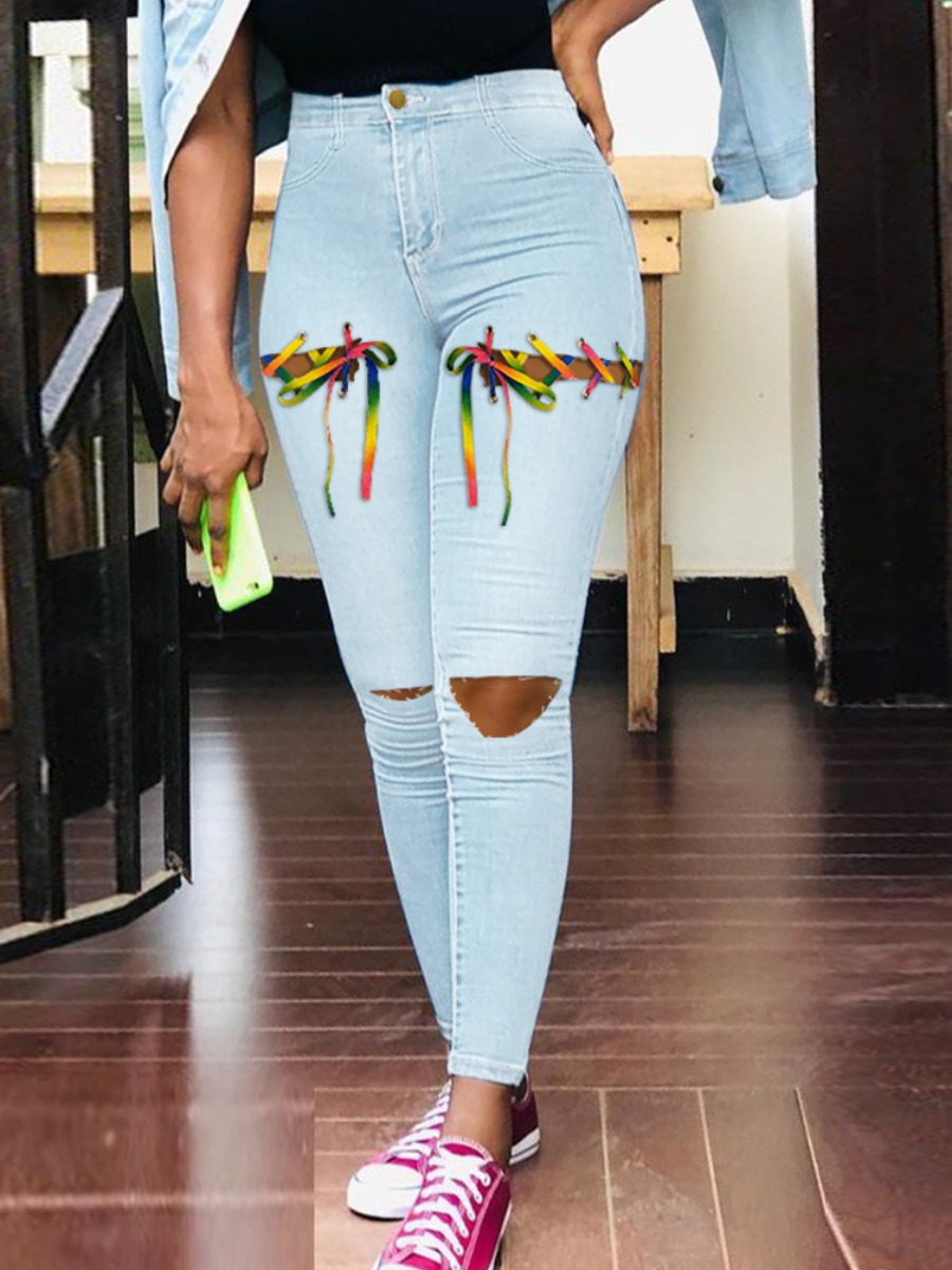 

LW High Stretchy Bandage Design Ripped Jeans, Baby blue