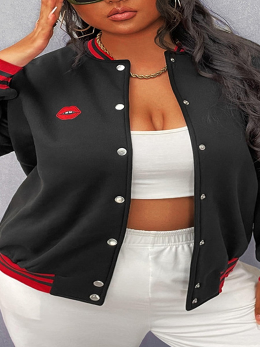 

LW Plus Size Baseball Collar Lip Print Jacket, Black