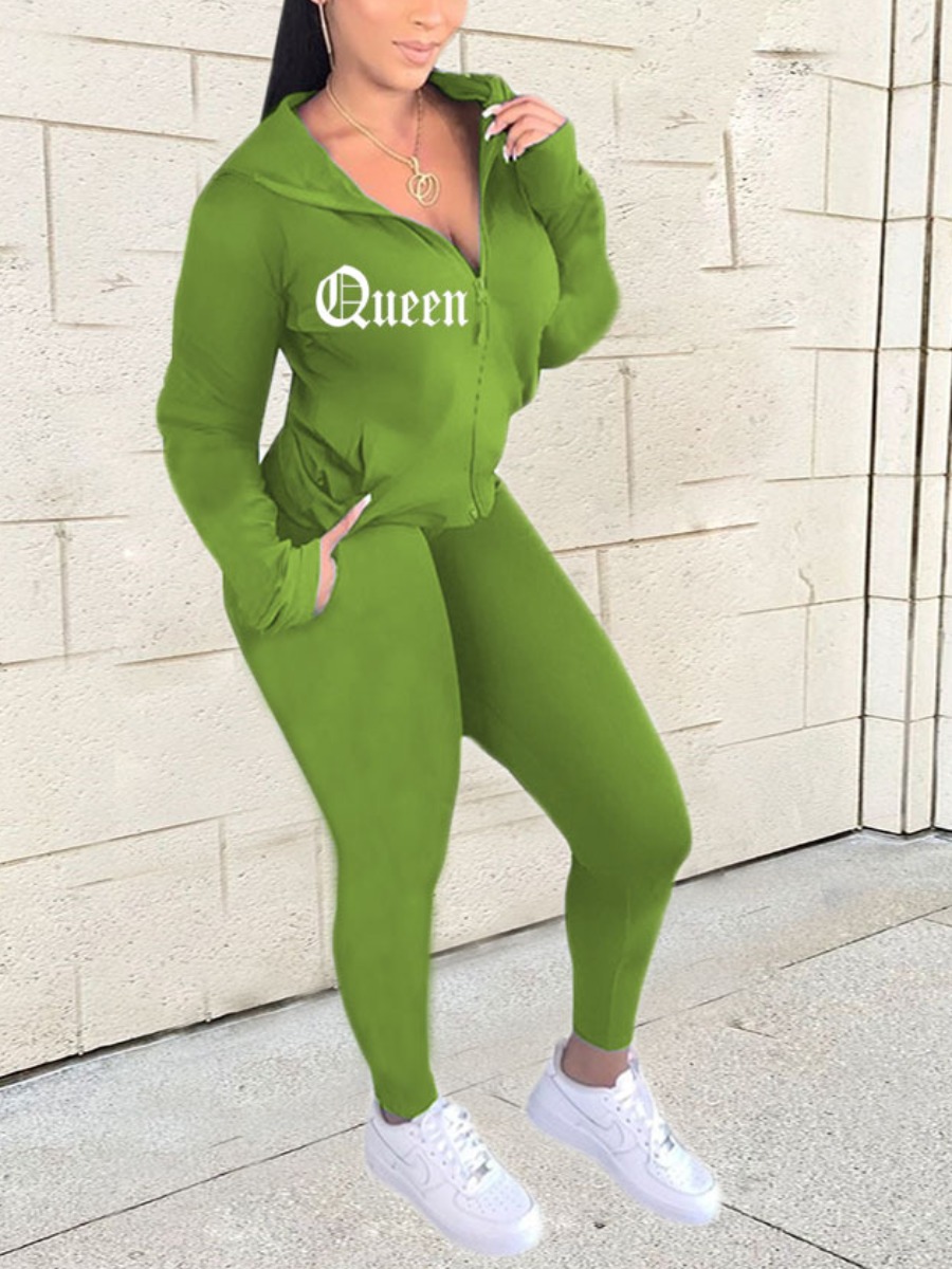 

LW Hooded Collar Letter Print Tracksuit Set, Army green