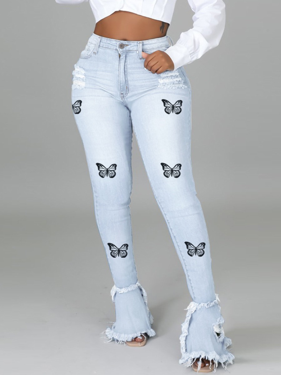 

LW Butterfly Print Flared Jeans, Baby blue