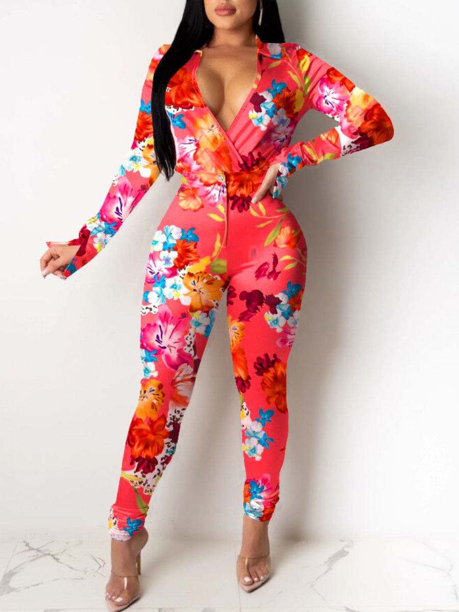 

LW SXY Surplice Neck Flower Print Pants Set, Red