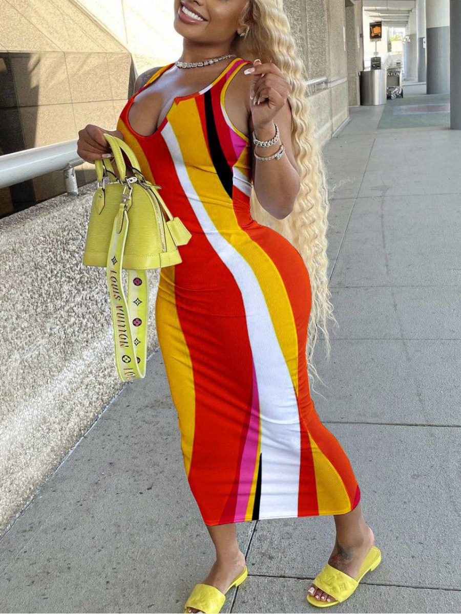 

LW SXY U Neck Striped Bodycon Dress, Multi