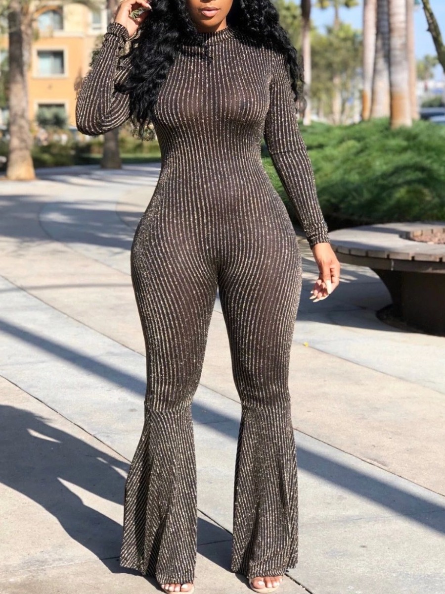 

LW Sequined See-through Flared Jumpsuit, Grey black