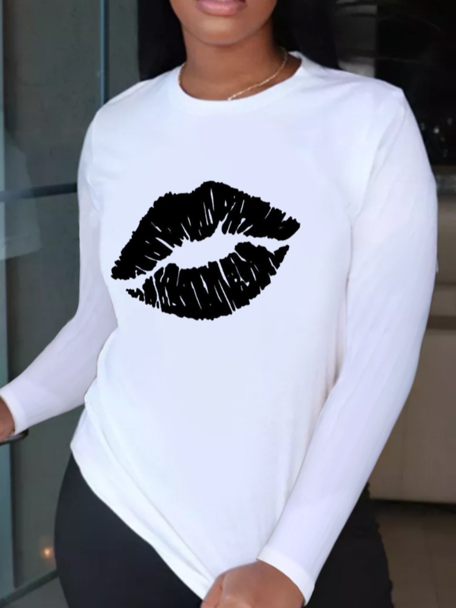 

LW Round Neck Lip Print T-shirt, Pure white