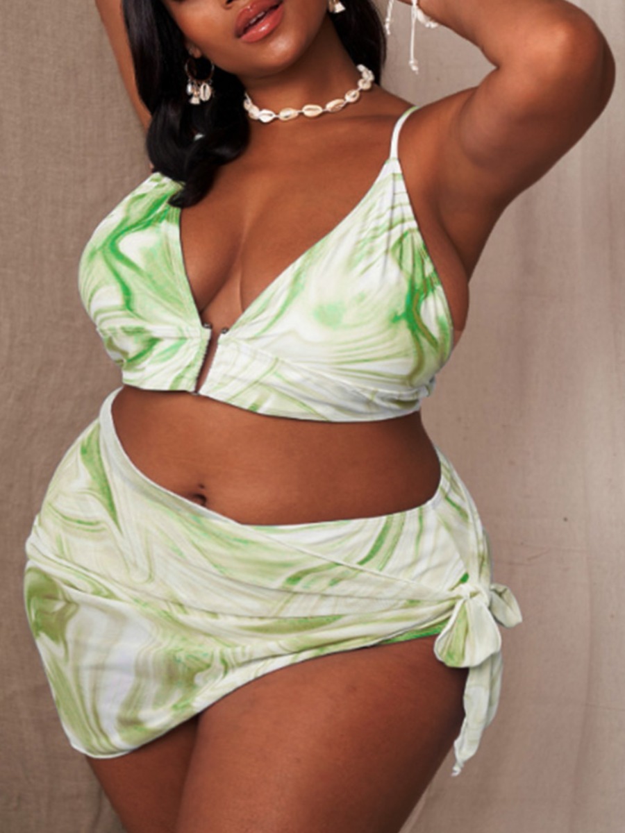 LW Plus Size Tie-dye Cross Strap 3 Piece Bikini Sets, Green