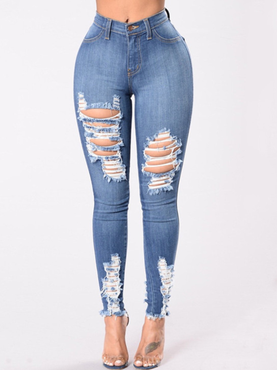 

LW High Stretchy Ripped Raw Edge Skinny Jeans, Blue