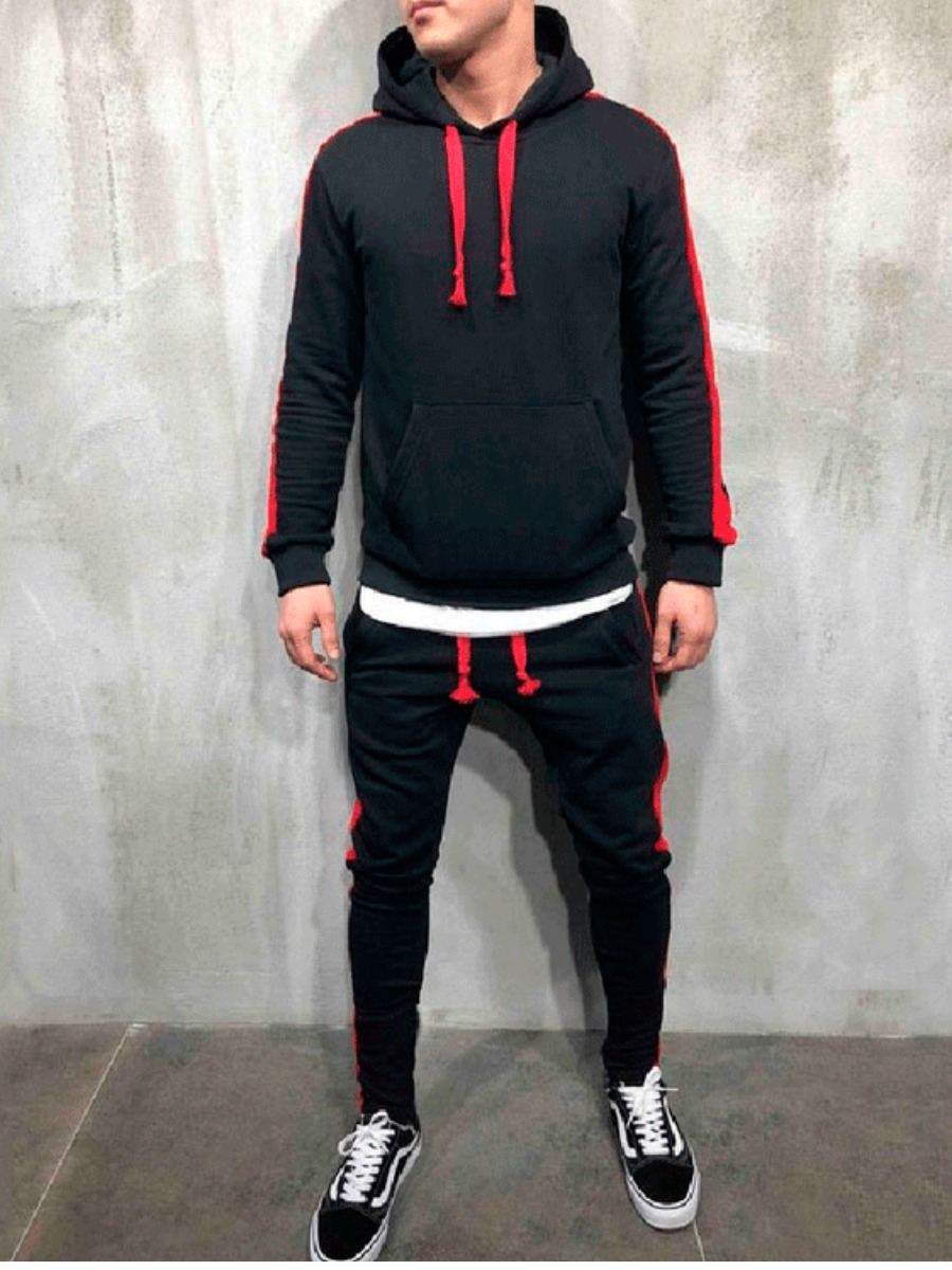 

LW COTTON Men Striped Drawstring Tracksuit Set, Black