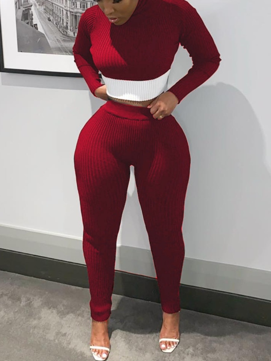 

LW BASICS Rib-Knit Skinny Pants Set, Purplish red