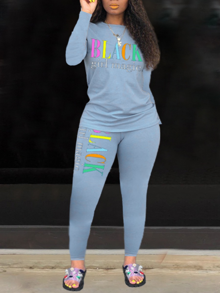 

LW Round Neck Letter Print Tracksuit Set, Baby blue