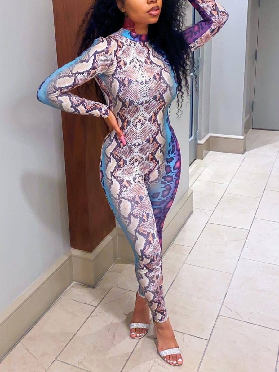 

LW SXY Snakeskin Print Skinny Jumpsuit, Light purple