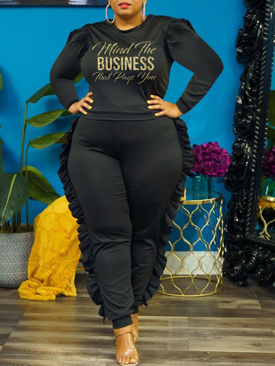 

LW Plus Size Round Neck Letter Print Pants Set, Black