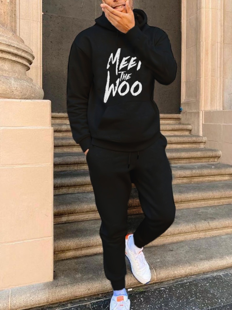 

LW COTTON Men Letter Print Kangaroo Pocket Tracksuit Set, Black