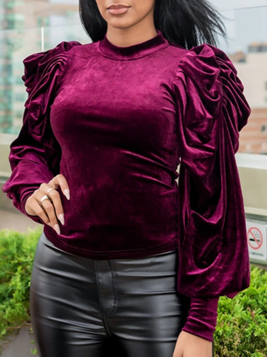 

LW Velvet Ruched Lantern Sleeve T-shirt, Wine red