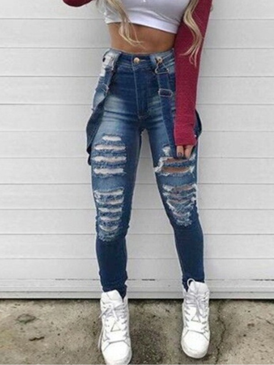 

LW Ripped Metal Accessories Decor Jeans (No Stretch), Baby blue