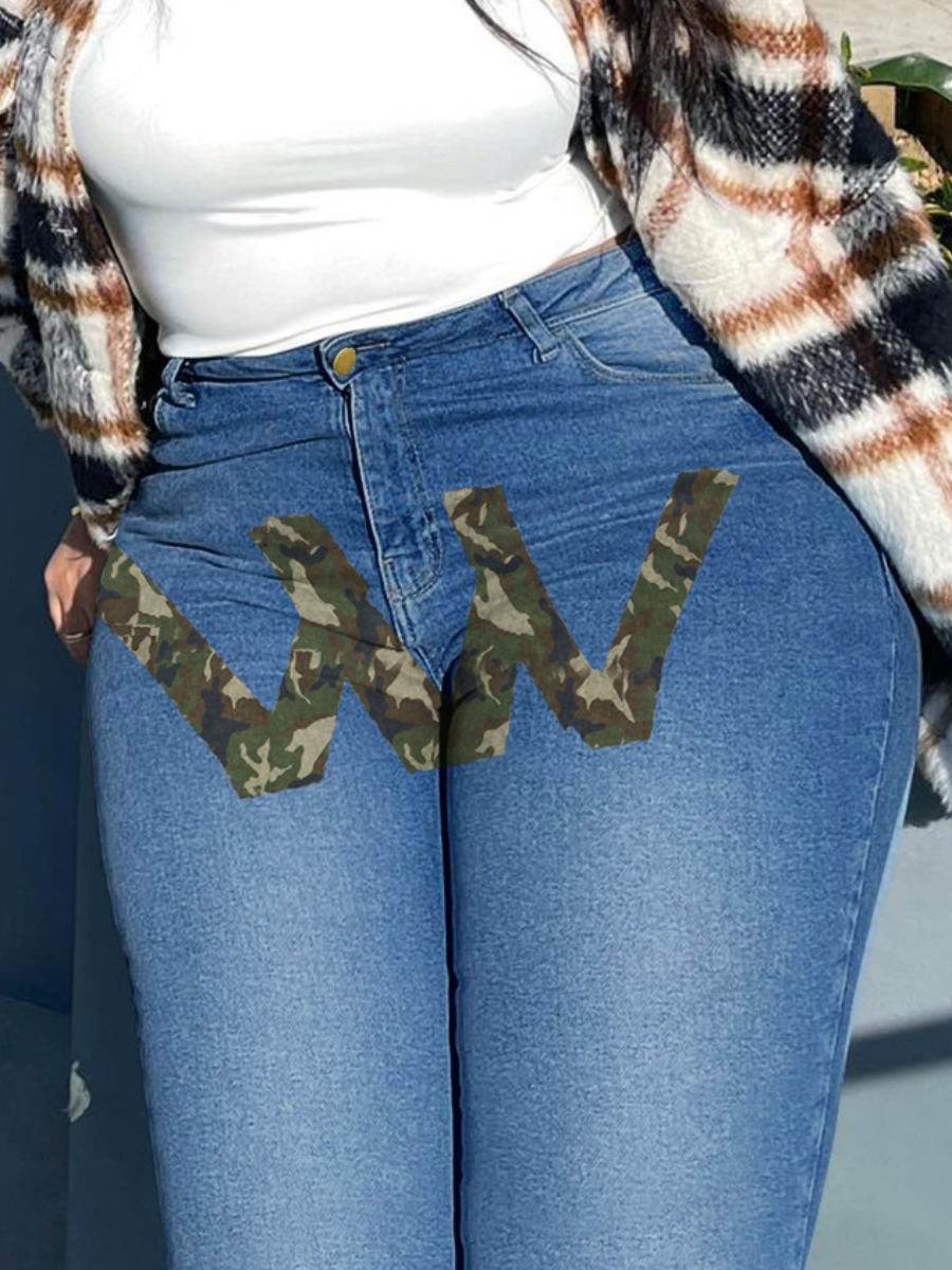 

LW Letter Camo Print Jeans, Blue