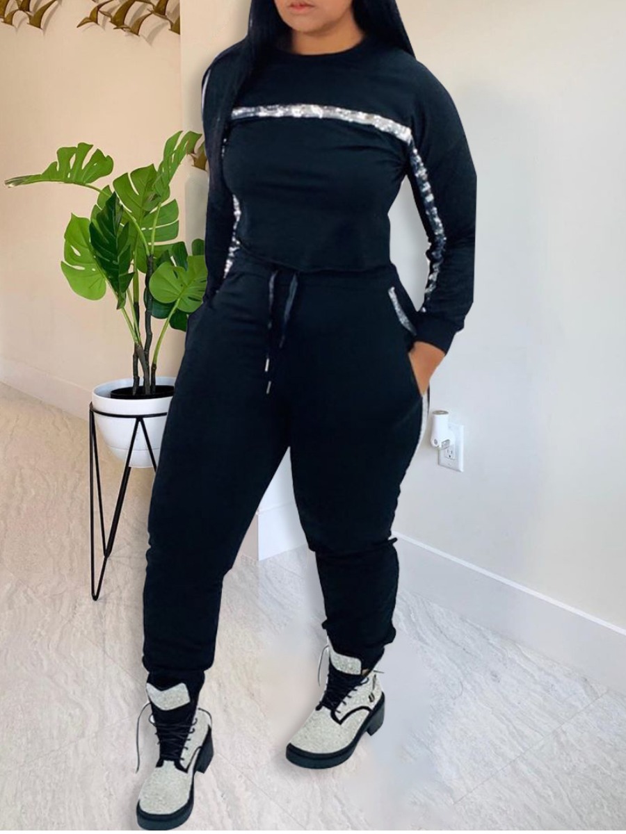 

LW Striped Drawstring Pants Set, Black