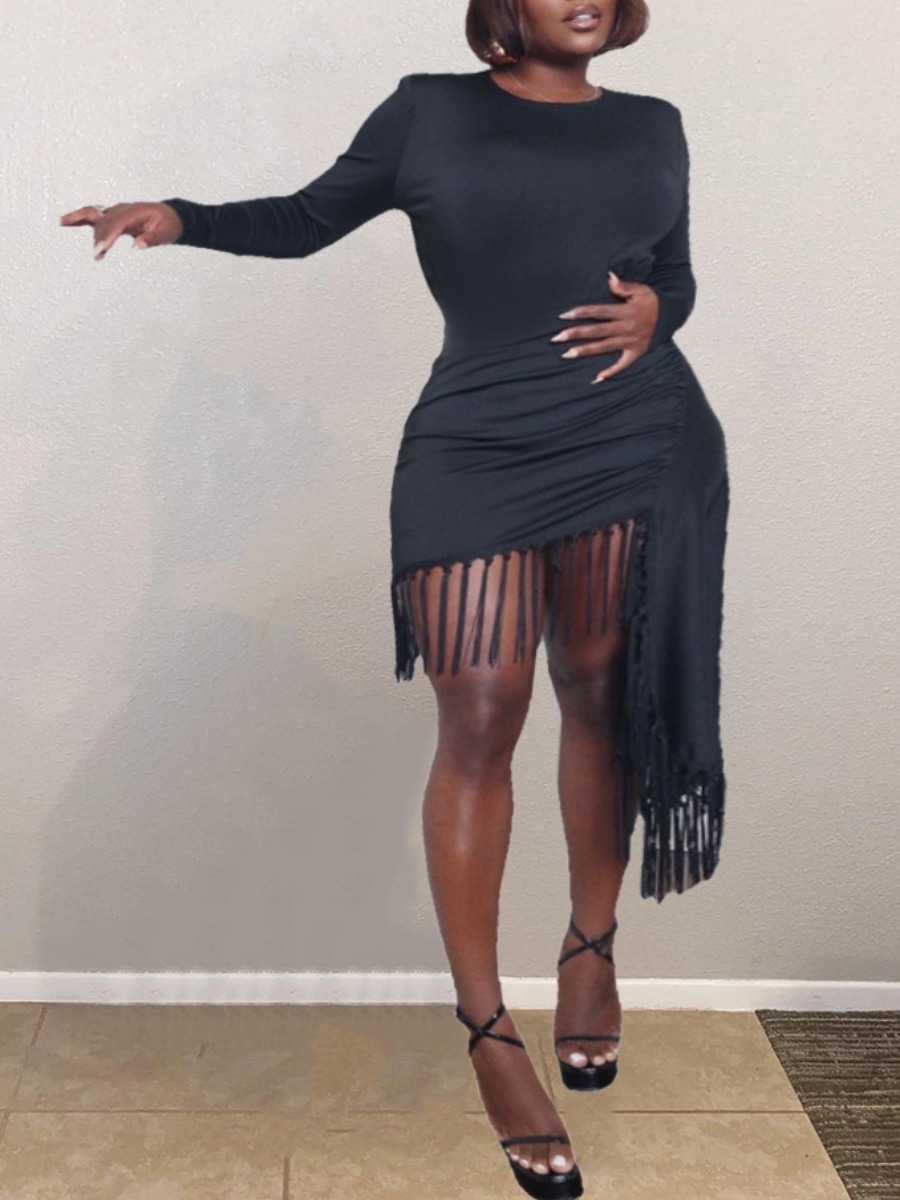 

LW Round Neck Tassel Design Bodycon Dress, Black
