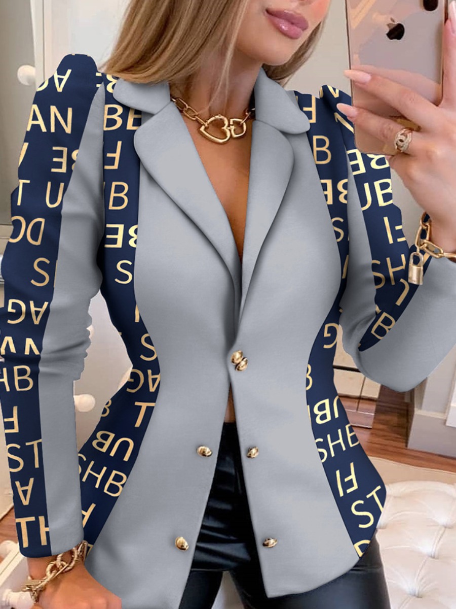 

LW Puff Sleeve Letter Print Blazer, Blue