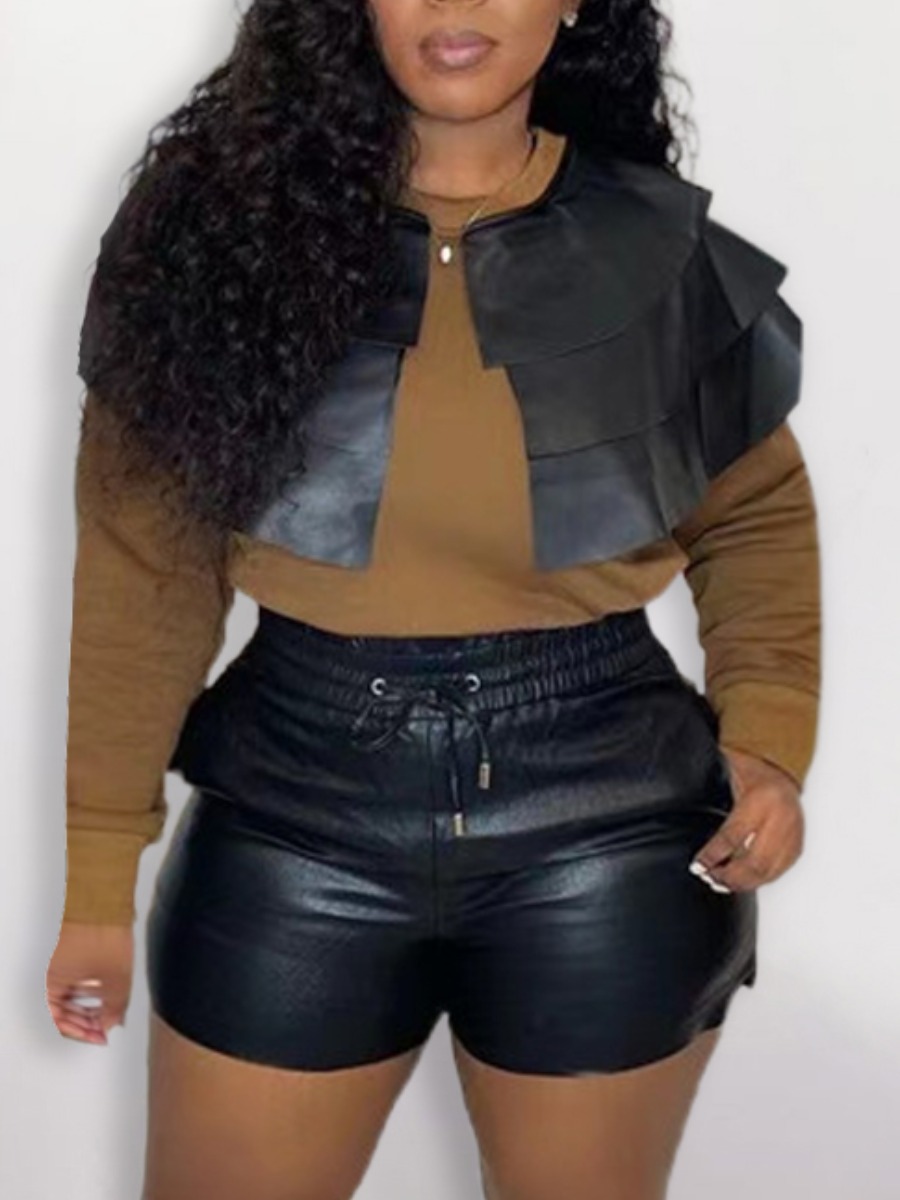 

LW Layered Cascading Drawstring Leather Shorts Set, Khaki