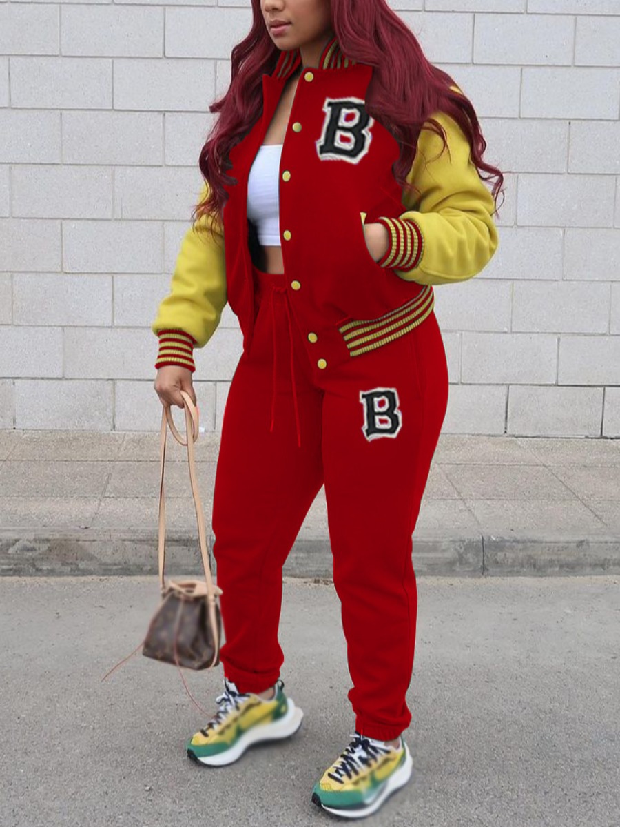 LovelyWholesale Letter Decor Striped Drawstring Tracksuit Set Fall Long Sleeve Sporty Patchwork Baseball Collar Spring Summer 2024