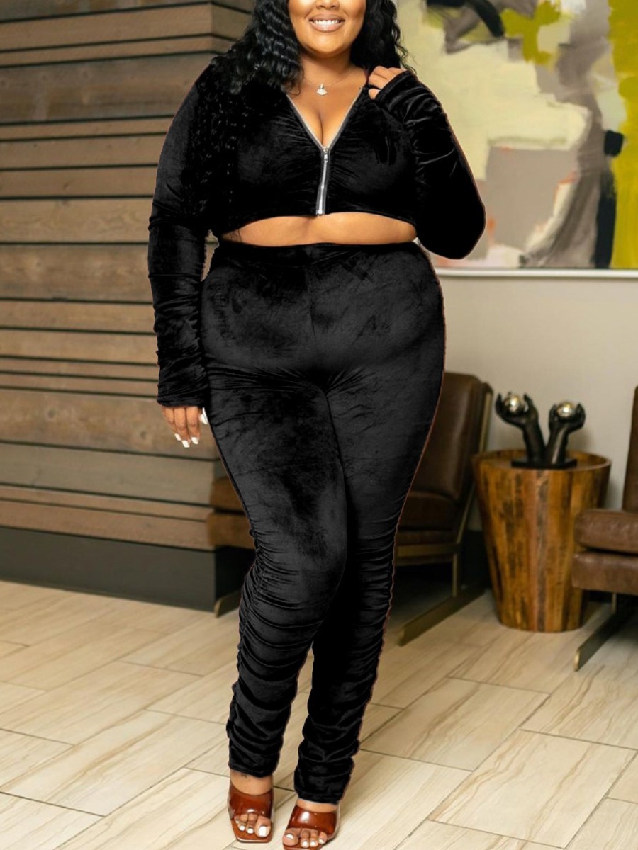 

LW SXY Plus Size Velvet Ruched Pants Set, Black