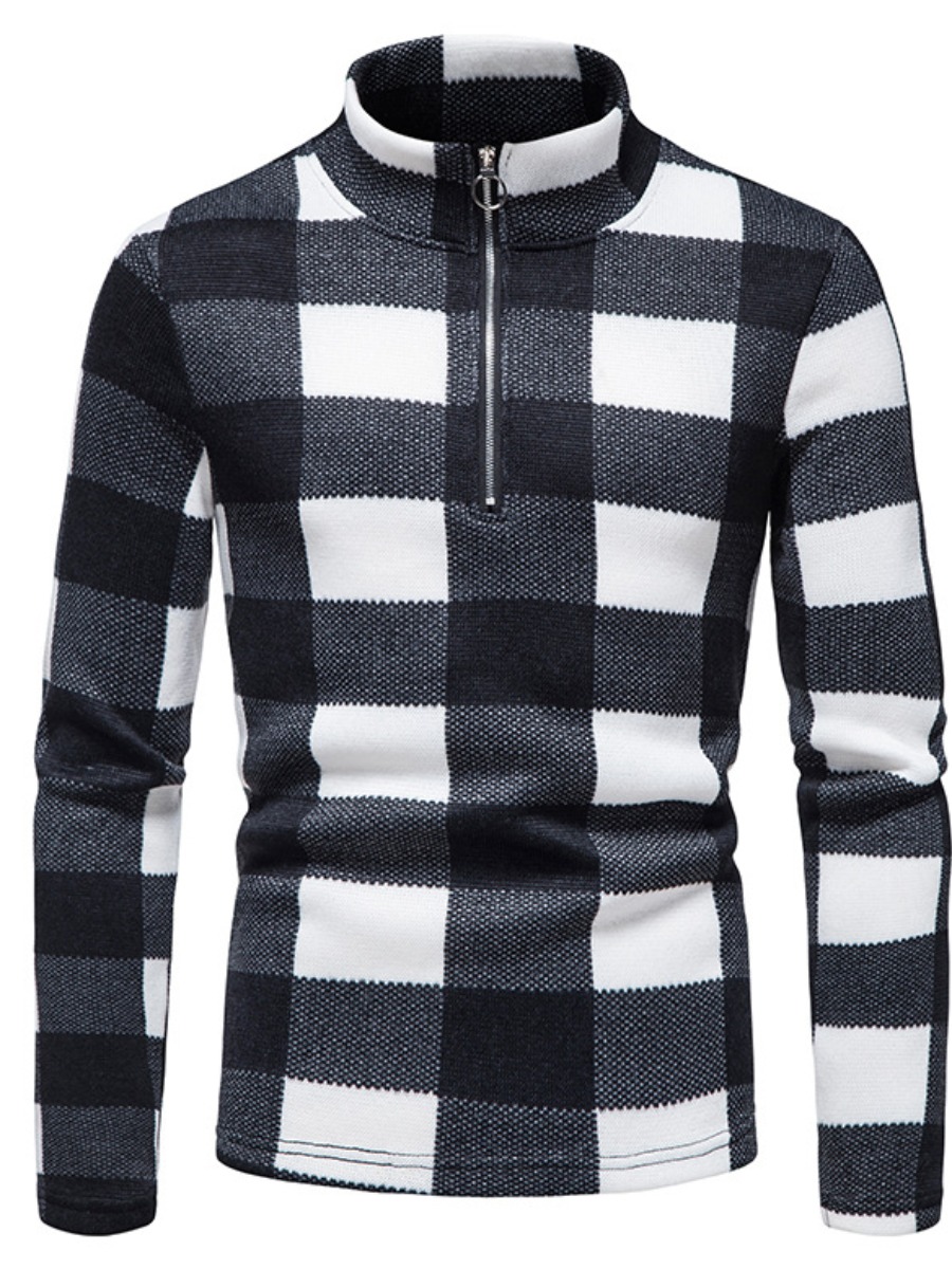 

LW COTTON Men Plaid Print Skinny Sweater, Black & white tartan