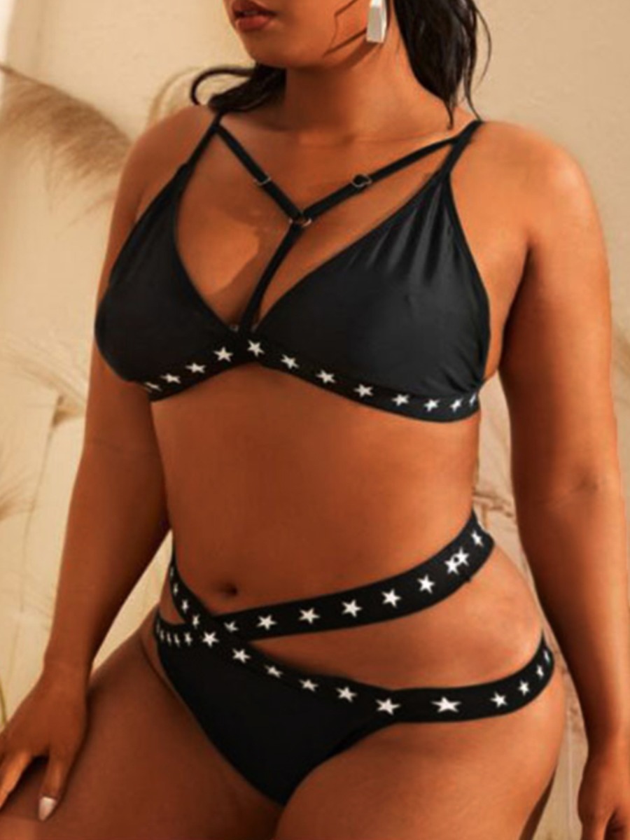 

LW Plus Size Star Print Cut Out Bikini Set, Black