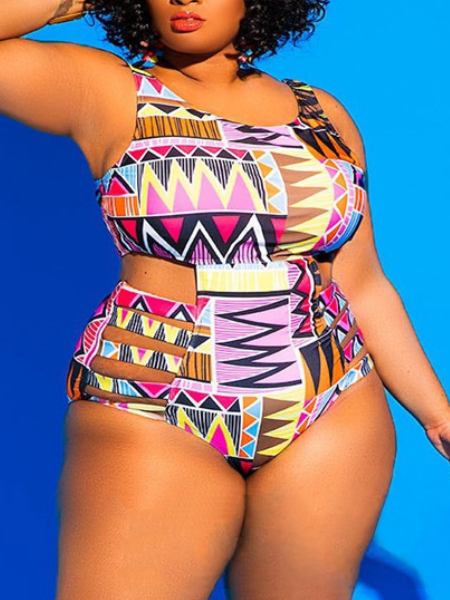 

LW Plus Size Tribal Print Cut Out One-piece Swimsuit, Pink