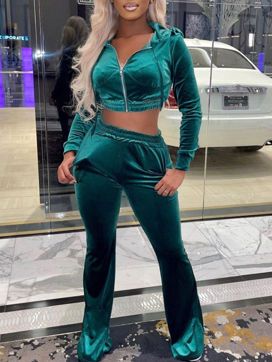 

LW Velvet Crop Top Tracksuit Set, Green