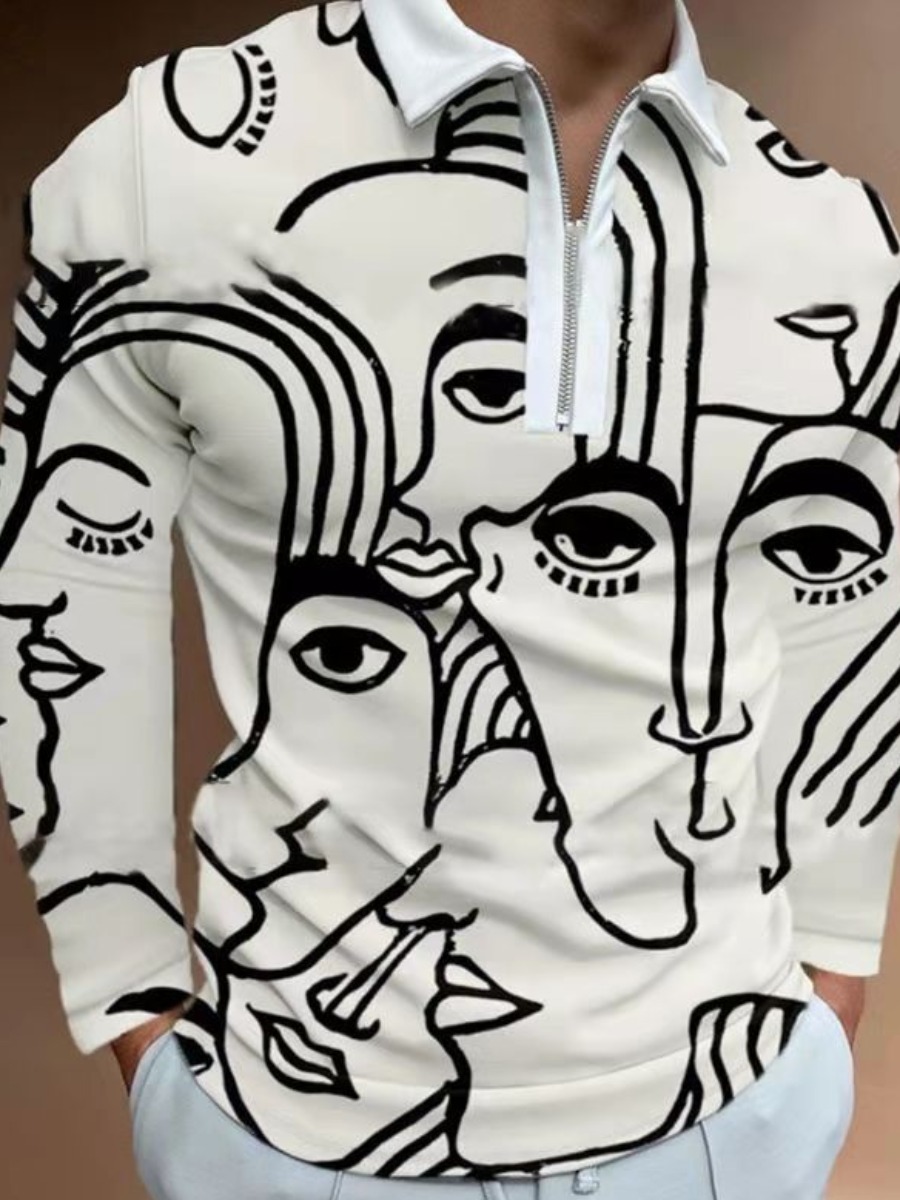 

LW Men Cotton Figure Print Zip Up Polo, White