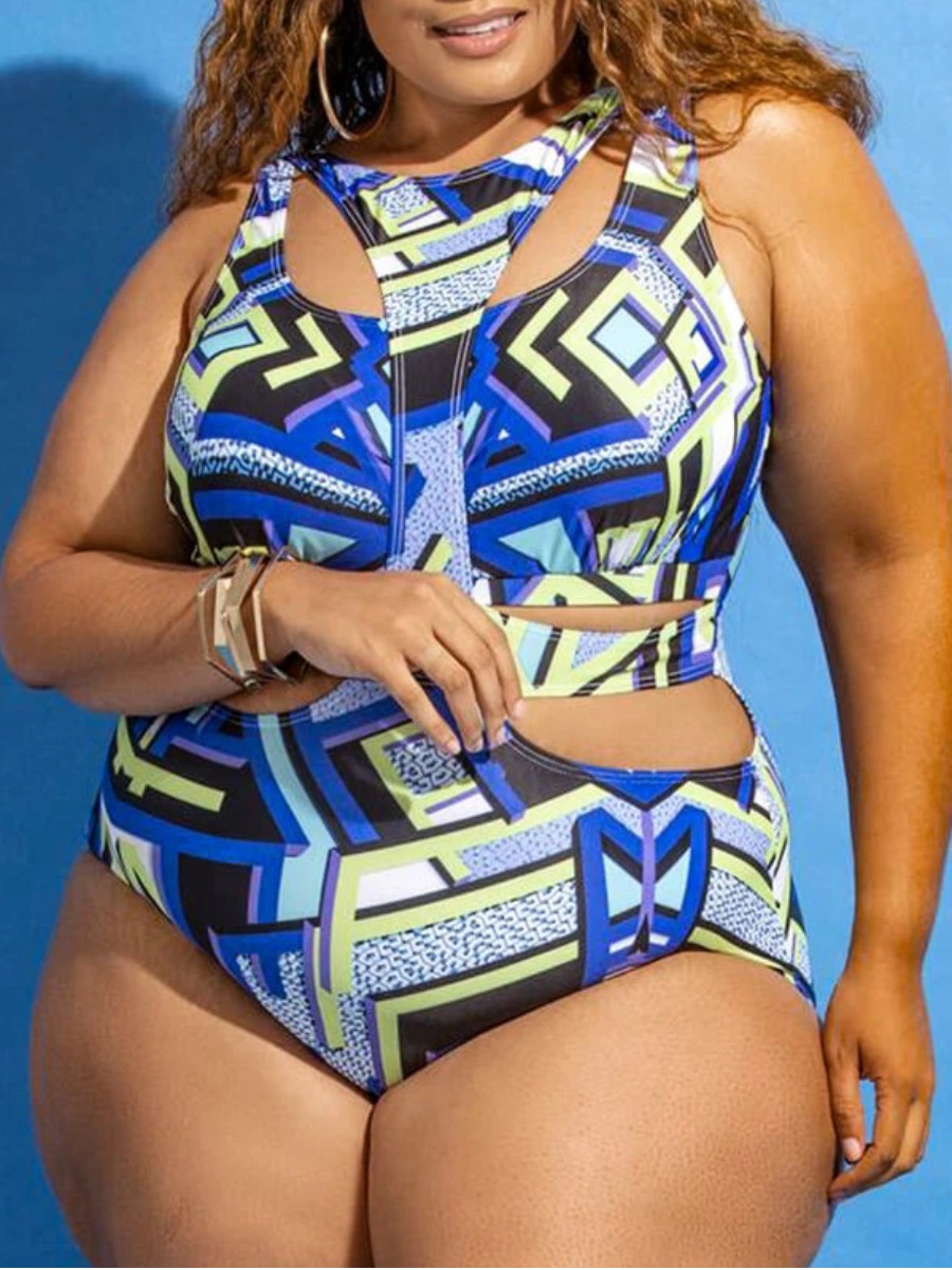

LW Plus Size Geometric Cut Out One-piece Swimsuit, Blue