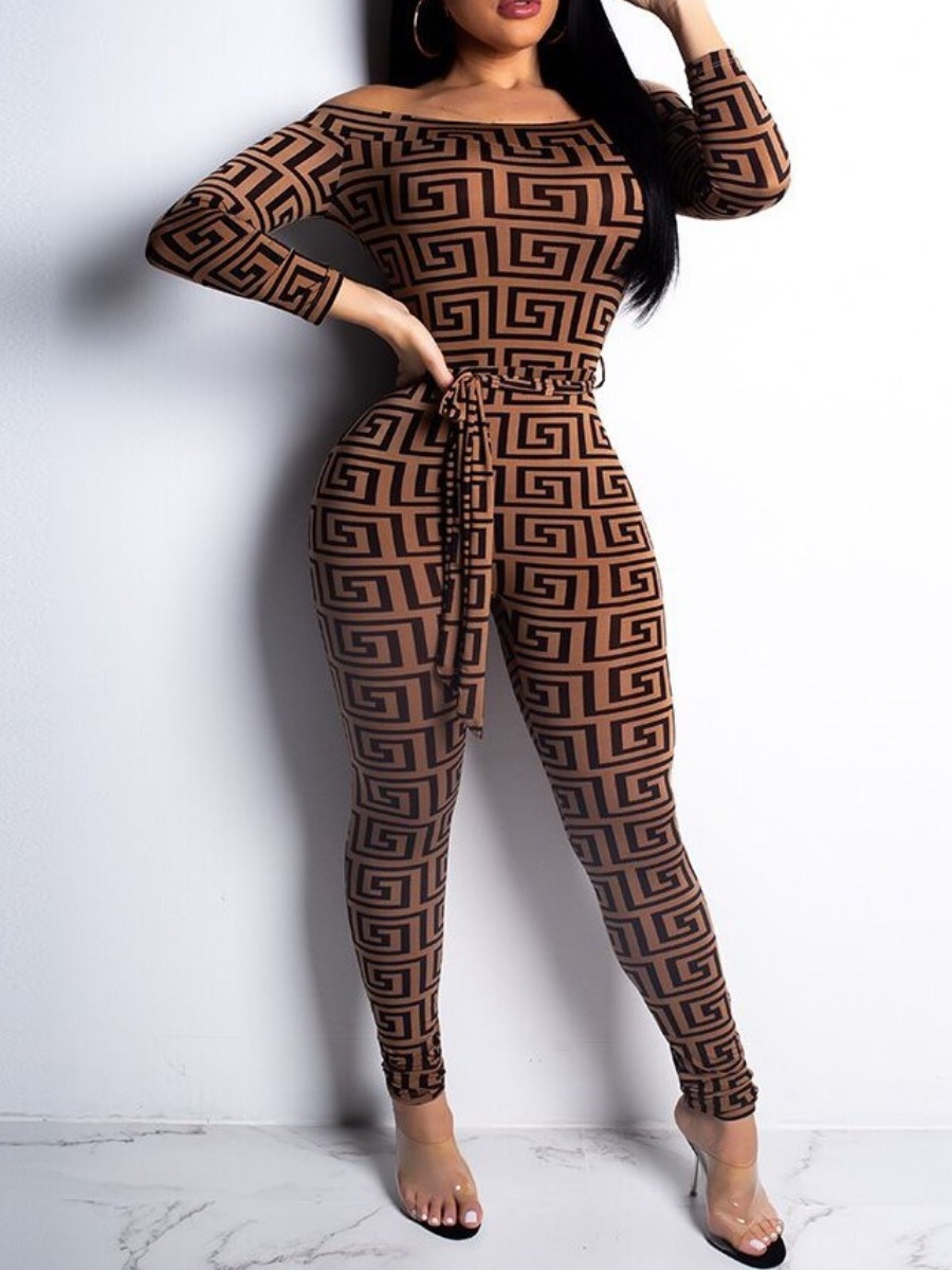 

LW SXY Off The Shoulder Geometric Print Jumpsuit, Brown