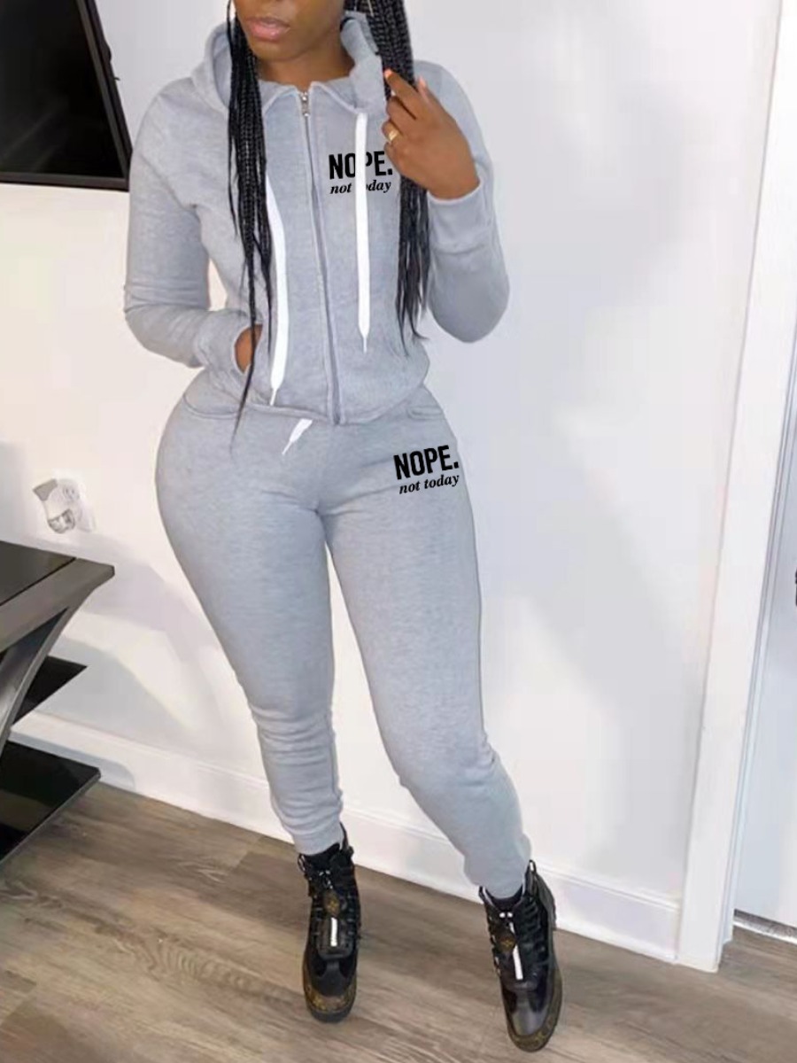 

LW Letter Print Drawstring Tracksuit Set, Light grey