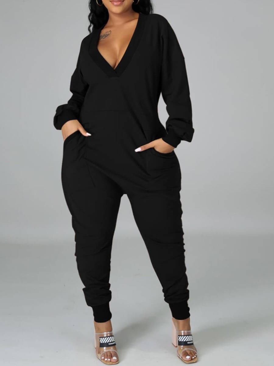 

LW BASICS V Neck Pocket Design Jumpsuit, Black