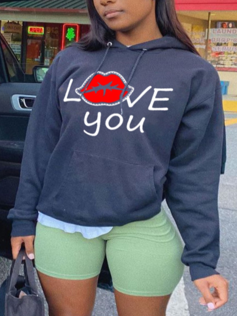 

LW Plus Size Lip Letter Print Letter Hoodie, Black