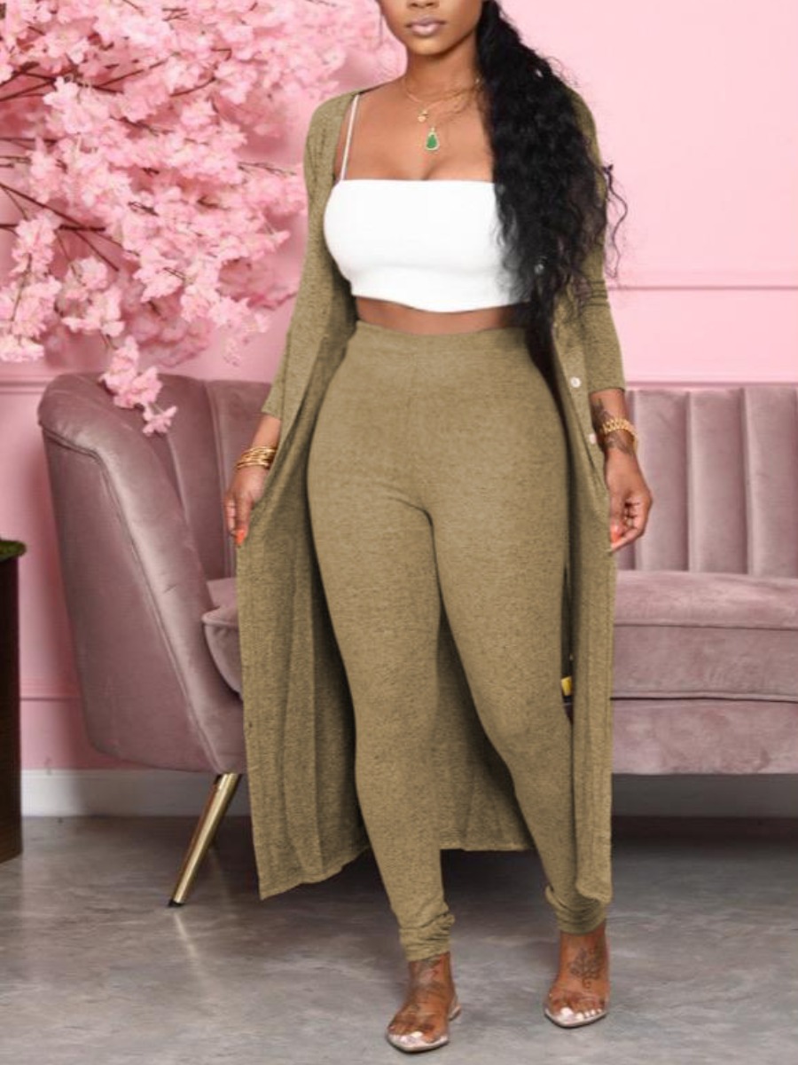 

LW Cardigan Regular Fit Pants Set (Without Camisole), Coffee