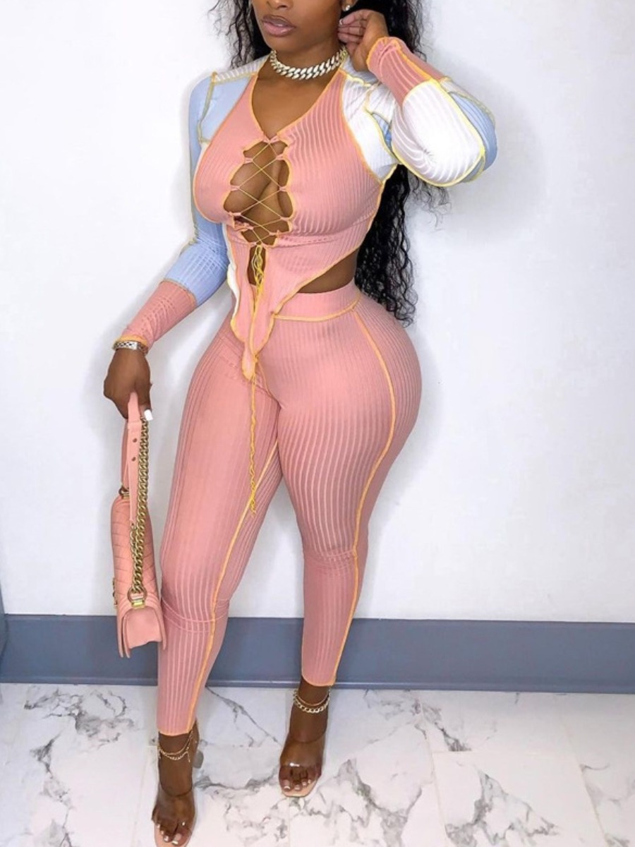

LW Bandage Hollow-out Design Pants Set, Pink
