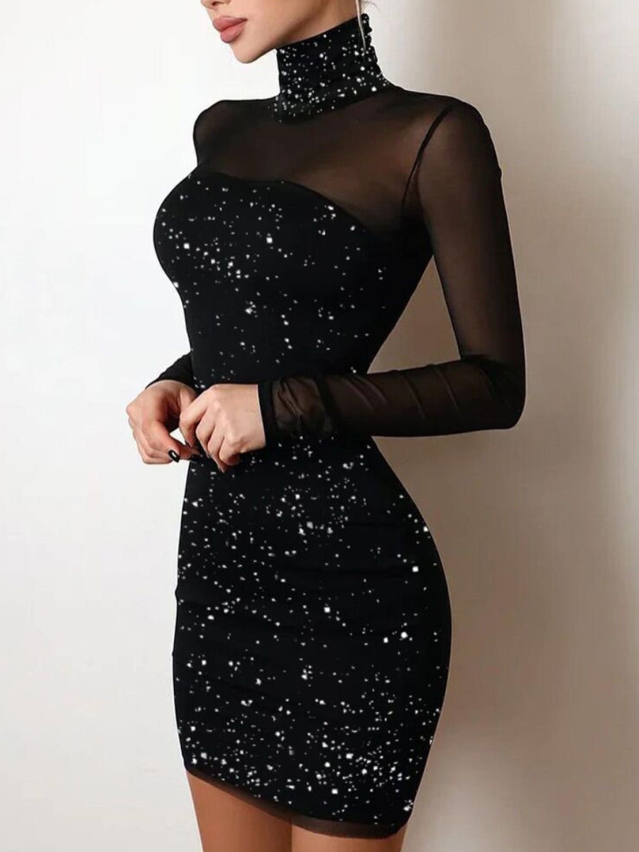 

LW SXY Turtle Neck See-through Sequined Bodycon Prom Dress, Black