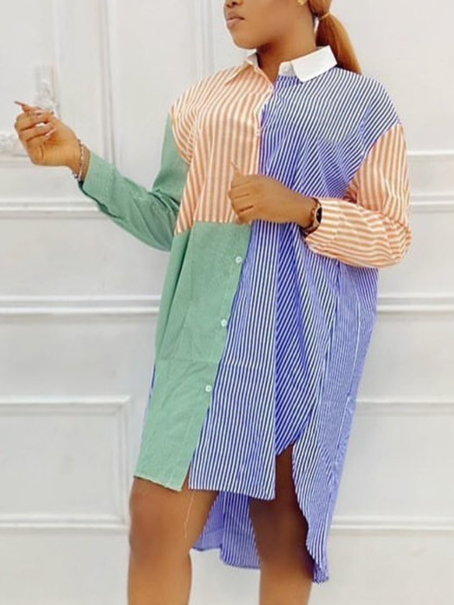 

LW Striped Button Design Shirt Dress, Multicolor mstn