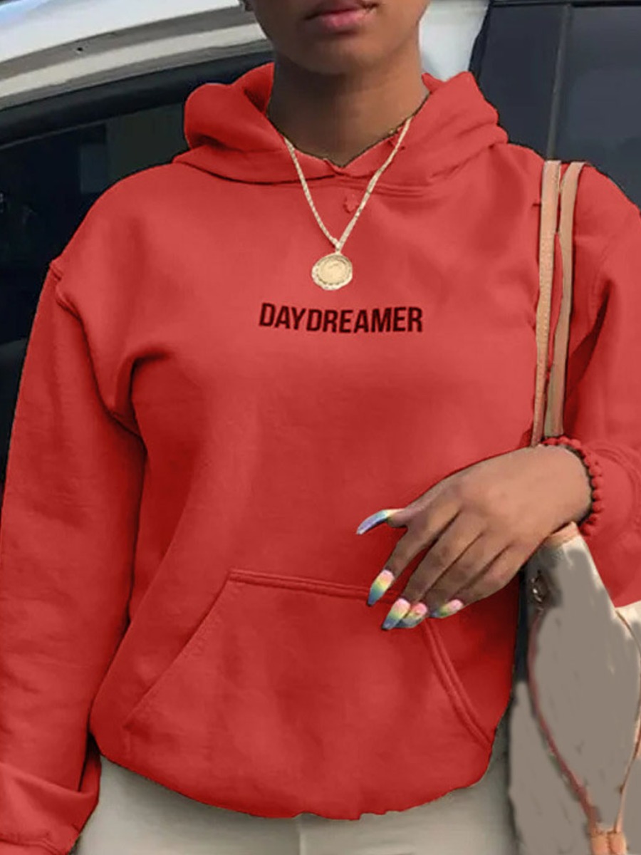 

LW Letter Print Kangaroo Pocket Hoodie, Red