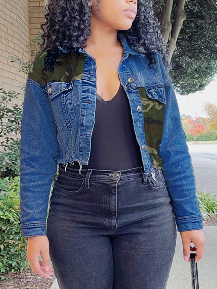 

LW Camo Print Raw Edge Denim Jacket, Deep blue