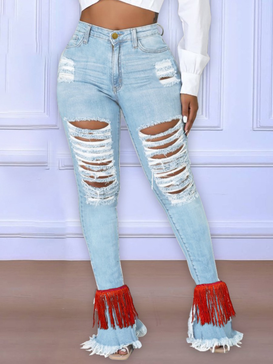 

LW Ripped Tassel Design Jeans, Baby blue