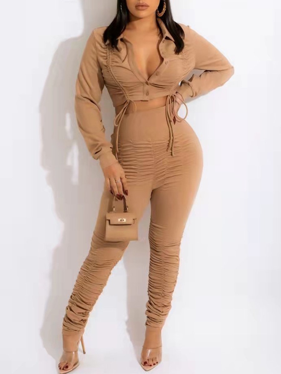 

LW Button Drawstring Design Ruched Crop Top Pants Set, Light tan