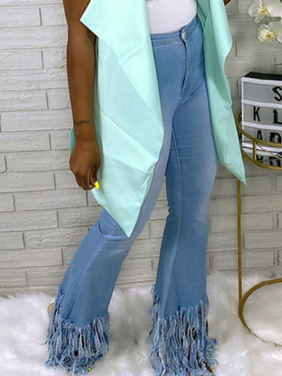 

LW Tassel Raw Edge Boot Cut Jeans, Baby blue
