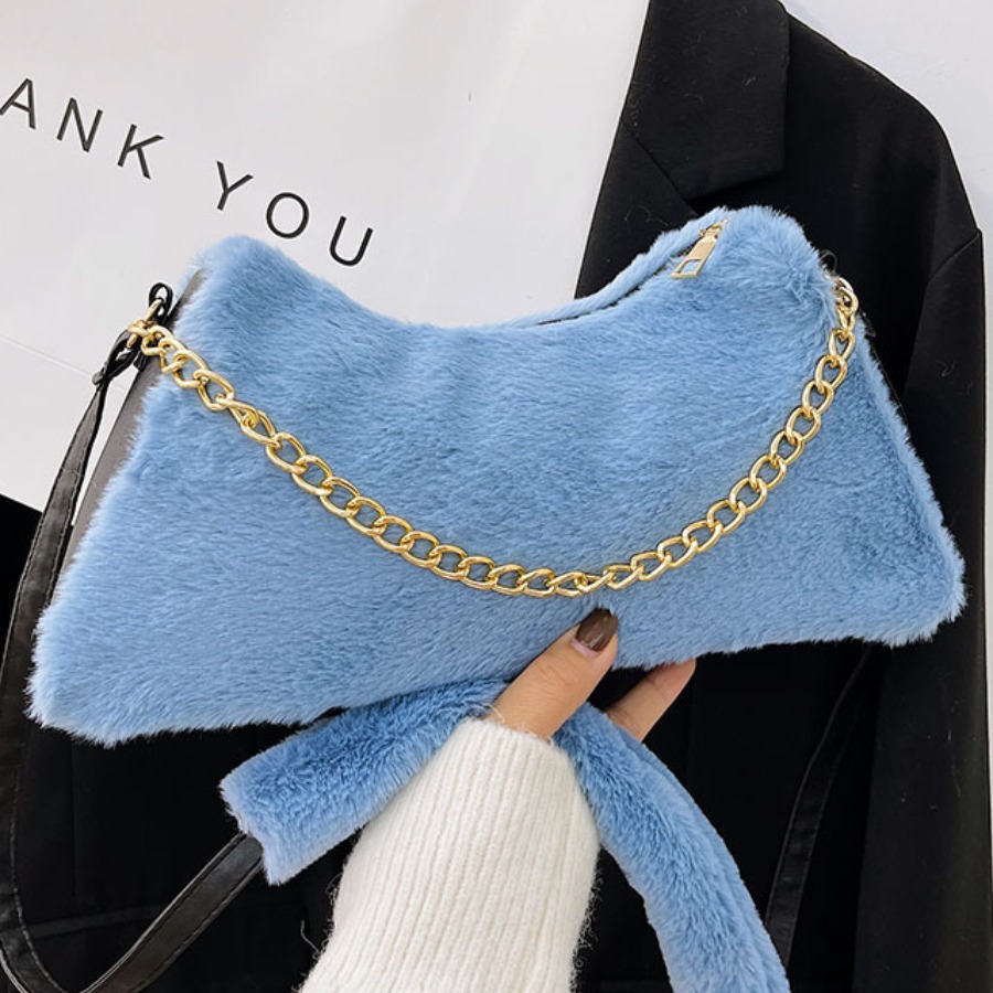 

LW Chain Strap Plush Shoulder Bag, Blue