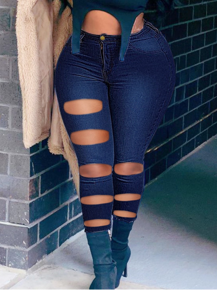 

LW High-waisted Ripped Jeans, Deep blue