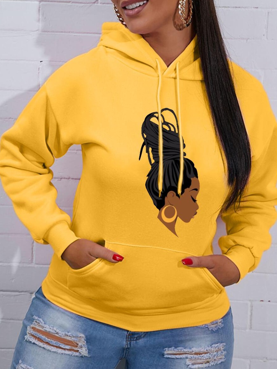 

LW Figure Print Kangaroo Pocket Hoodie, Yellow