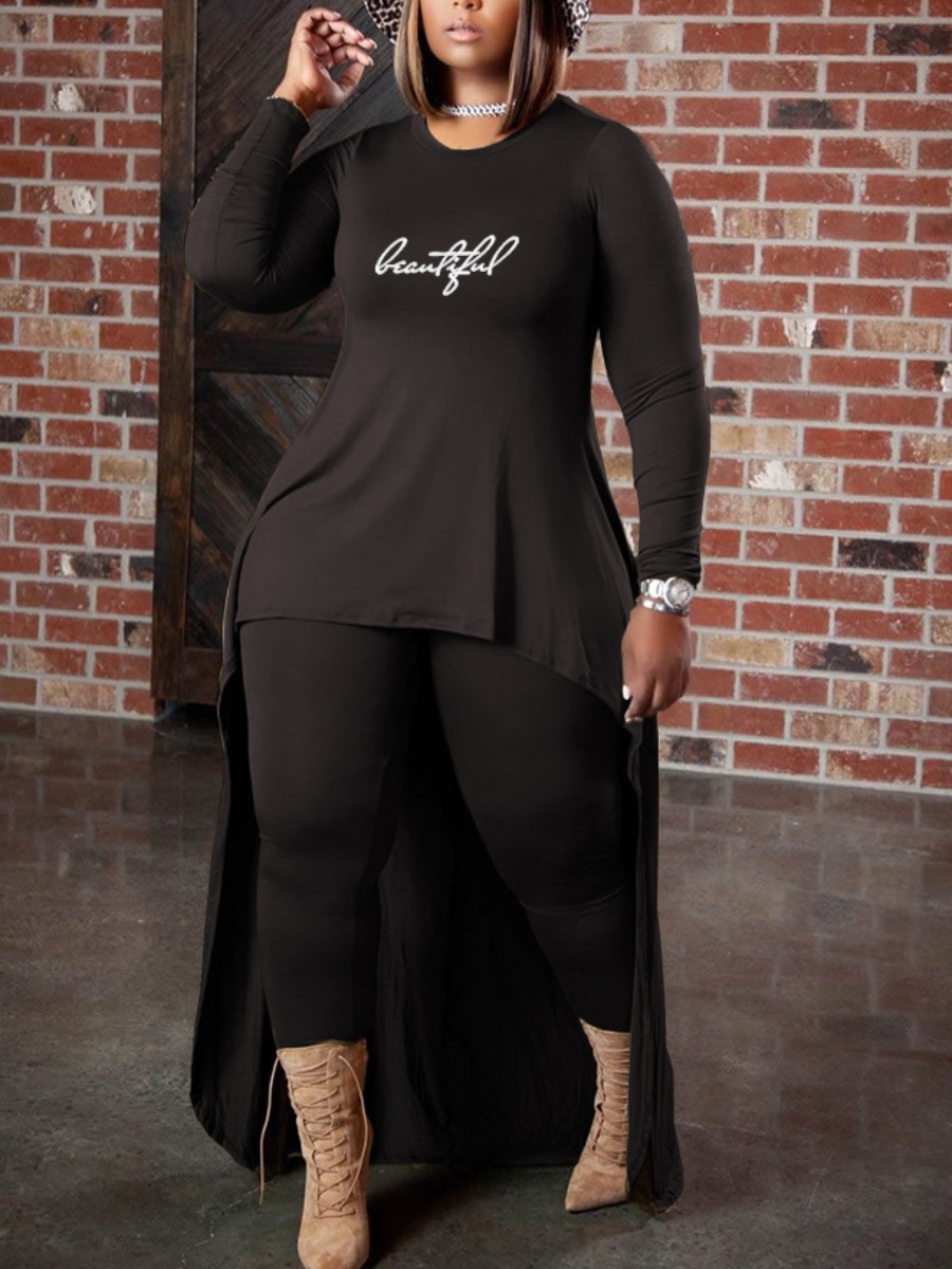 

LW Plus Size Letter Print Asymmetriccal Pants Set, Black