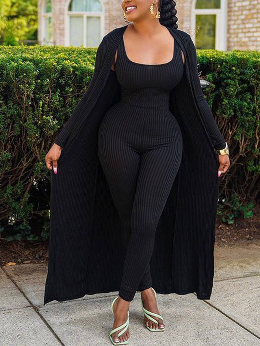 

LW Rib-Knit Cami Jumpsuit Set, Black