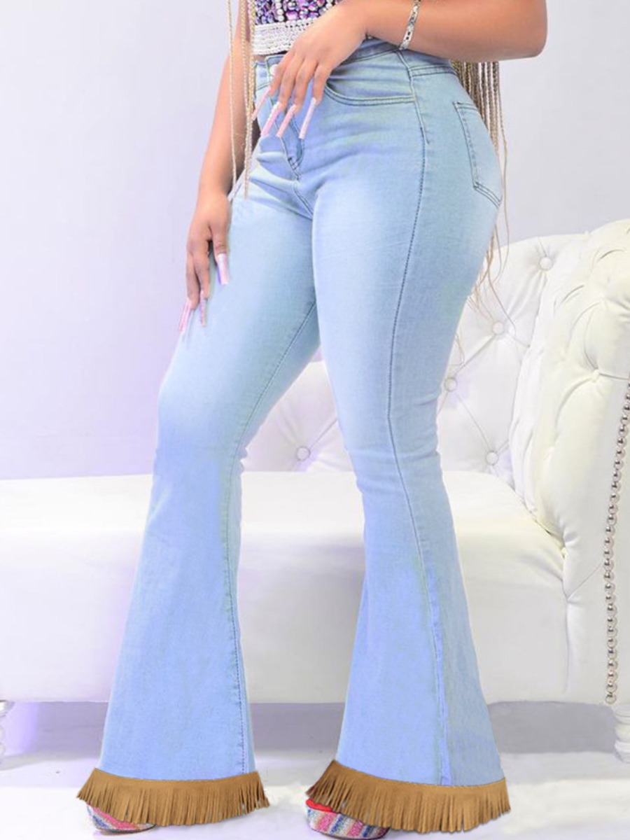 

LW Tassel Hem Design Boot Cut Jeans, Baby blue
